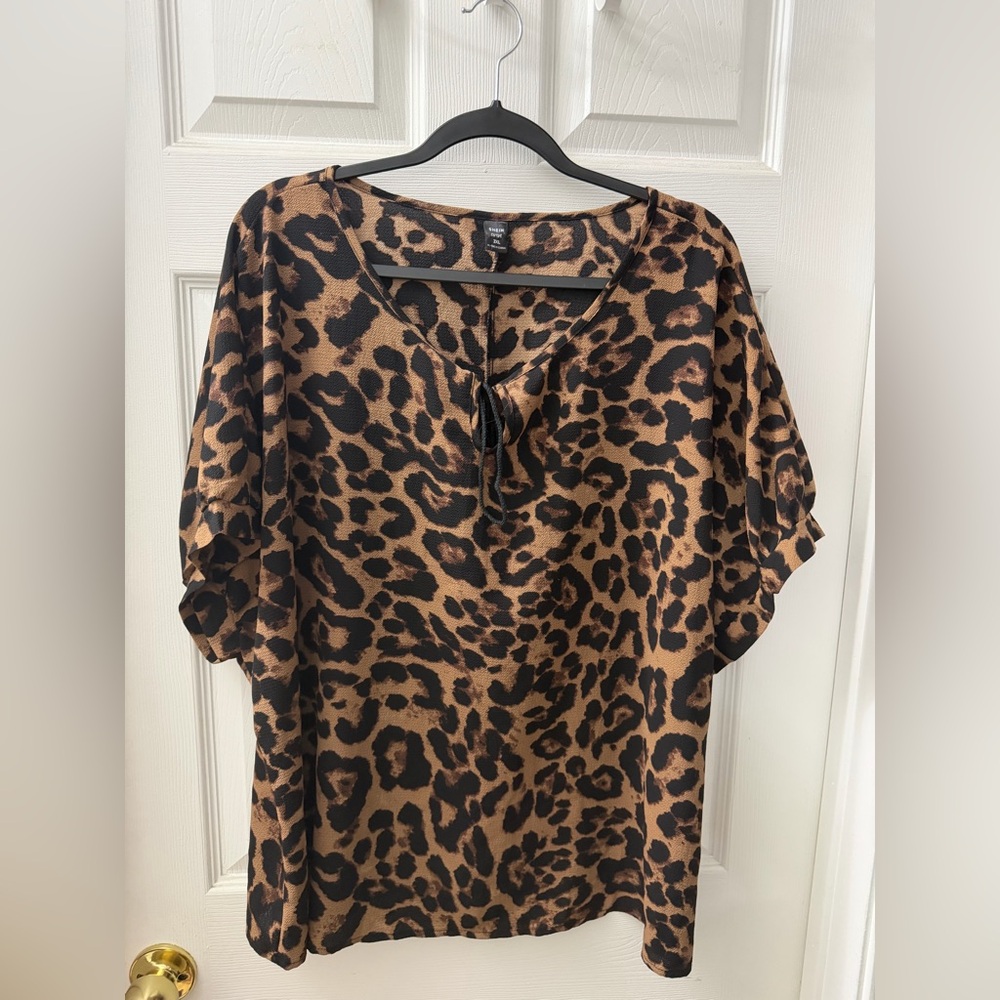 SHEIN Curve Leopard Print Tie-Neck Blouse in Brown and Black